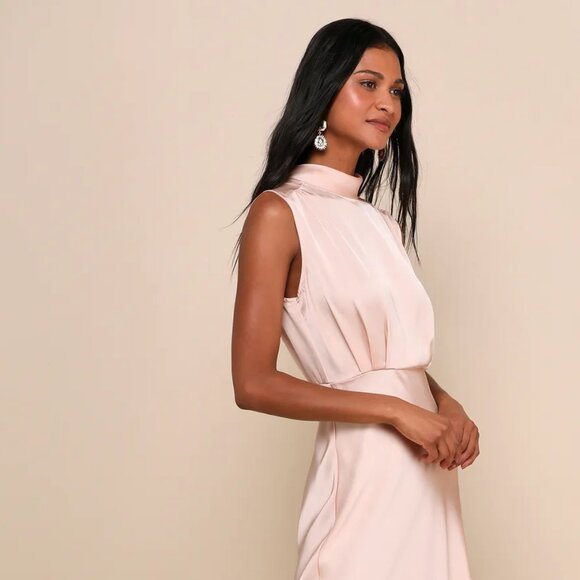 Lulus Classic Elegance Blush Satin Sleeveless Mock Neck Maxi Dress Pink - Size S - Picture 5 of 5